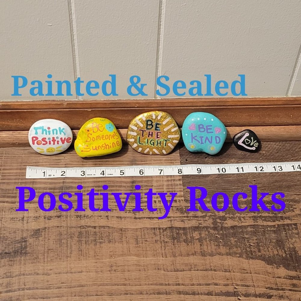60's & 70's style colorful hand painted & sealed "Positivi' rocks. (Set of 5)